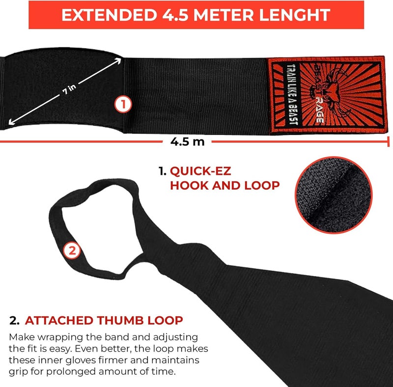 BEAST RAGE Boxing Hand Wraps for MMA Kickboxing Wrist Wraps Professional Adult 180" Semi-Elastic Martial Arts Inner Gloves Heavy Bag Handwraps Muay Thai Thumb Straps - Image 3